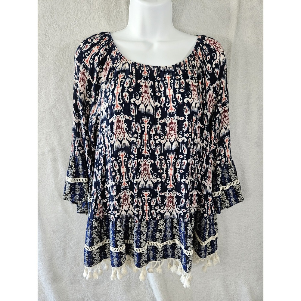 Entro Blouse Womens Medium Bell Sleeves Blue Multi Print Tassels Boho Peasant